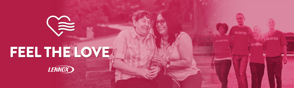 Lennox Feel The Love program logo with images of people walking and hugging in the backgorund